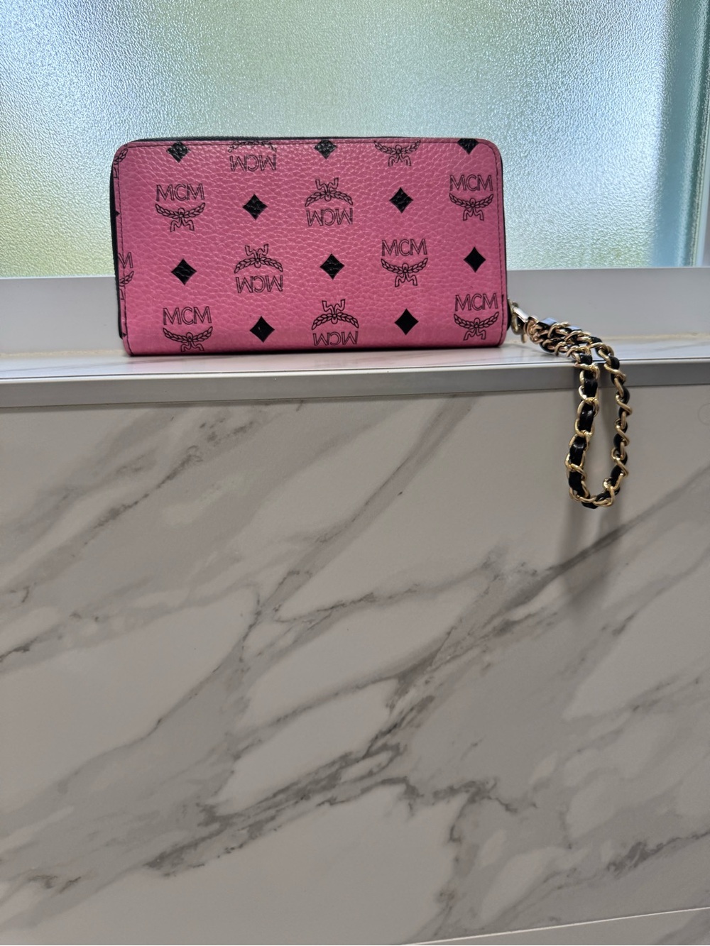 MCM Pink Logo Zip-Around Wallet Wristlet with Chain Strap - Picture 5 of 12